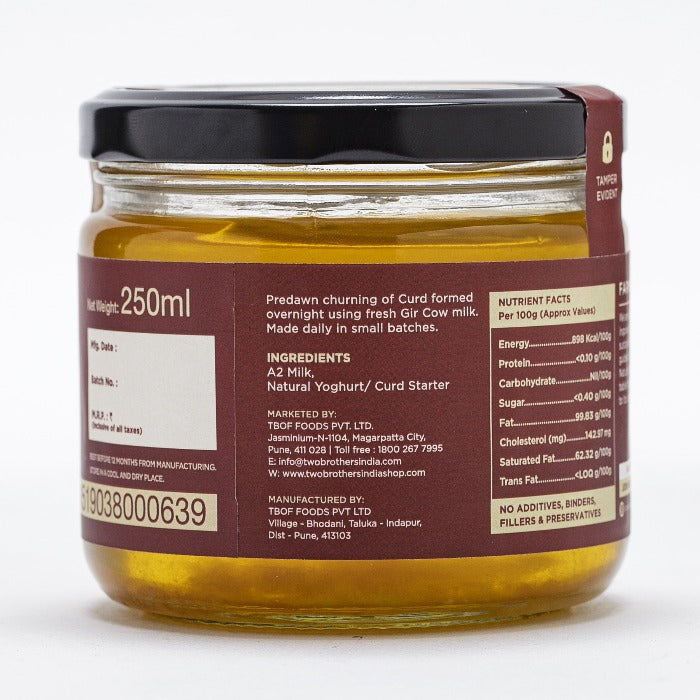 Two Brothers Organic Farms A2 Gir Cow Cultured Ghee | Cultured Cow Desi Ghee | Curd-Churned Bilona Ghee | Pure, Natural, and Healthy