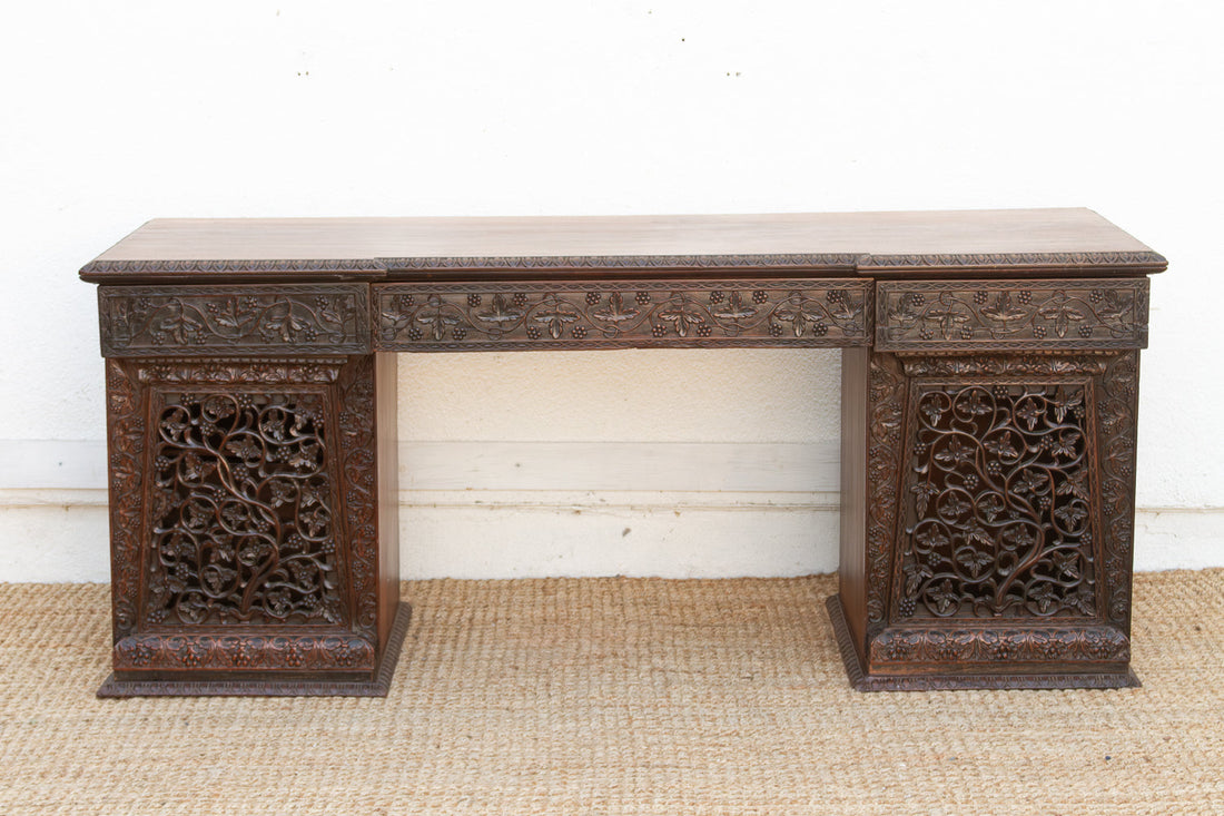 Finely Carved Anglo-Indian Rosewood Pedestal Desk