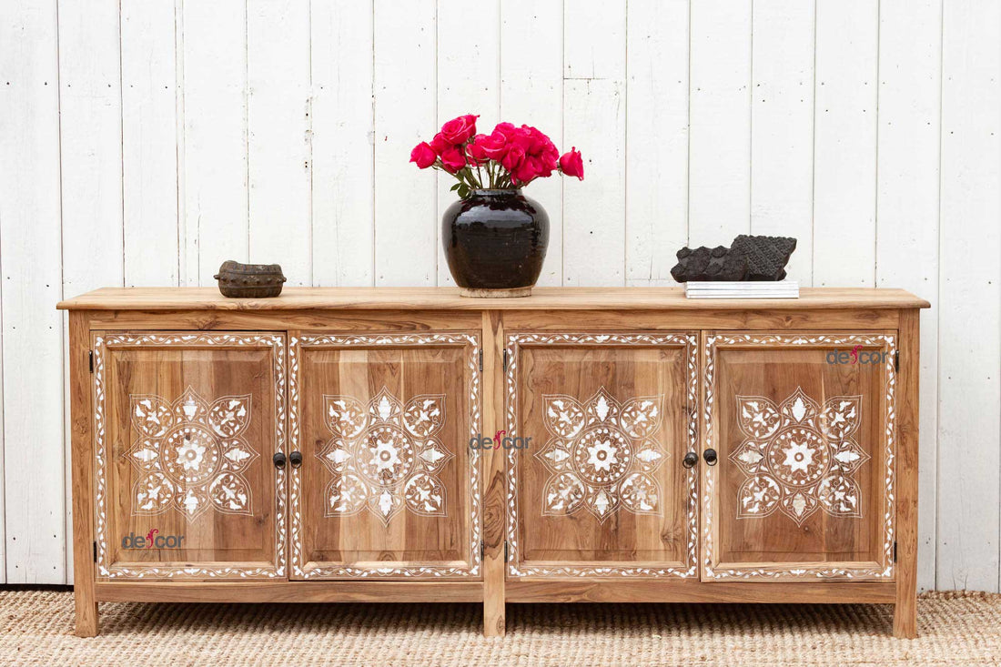 Bleached Teak Damascus Medallion Inlay Sideboard