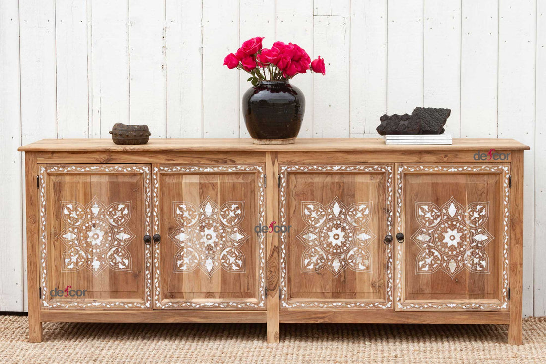 Bleached Teak Damascus Medallion Inlay Sideboard