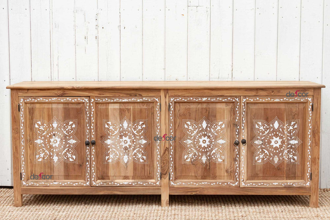 Bleached Teak Damascus Medallion Inlay Sideboard