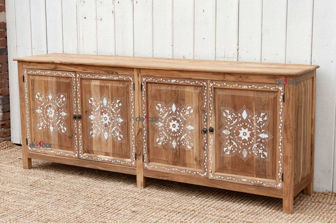 Bleached Teak Damascus Medallion Inlay Sideboard