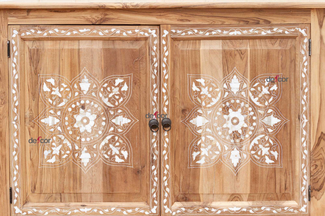 Bleached Teak Damascus Medallion Inlay Sideboard