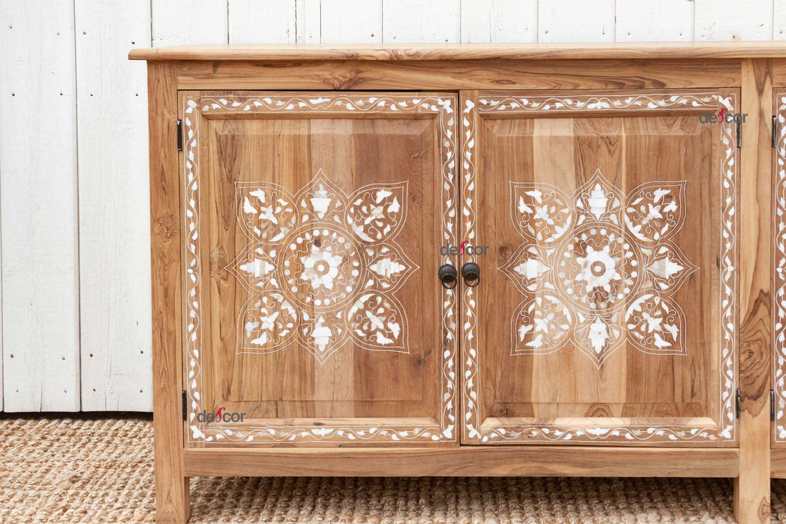 Bleached Teak Damascus Medallion Inlay Sideboard