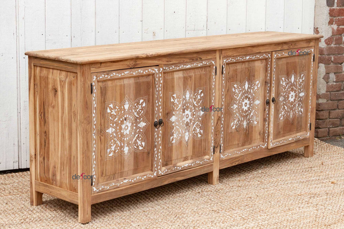 Bleached Teak Damascus Medallion Inlay Sideboard