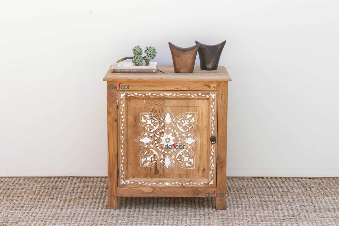 Reclaimed Teak Damascus Inlay Nightstand Cabinet
