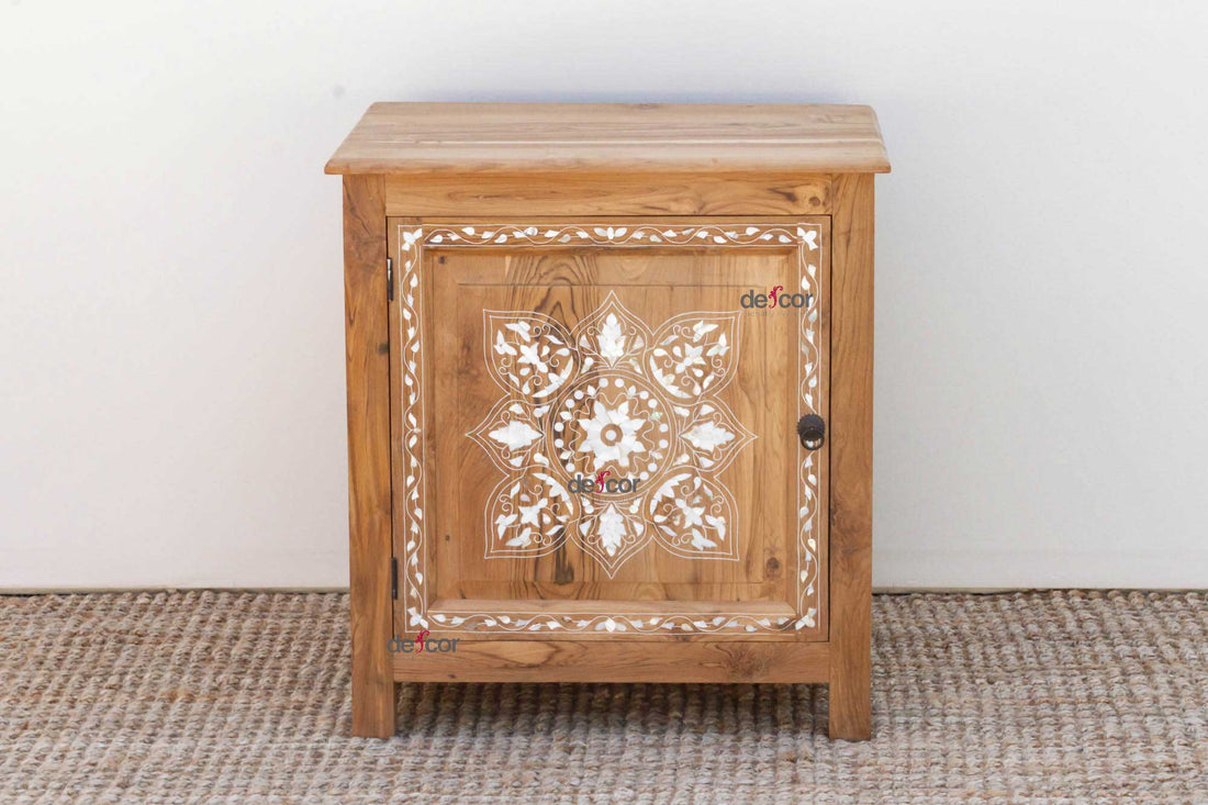 Reclaimed Teak Damascus Inlay Nightstand Cabinet