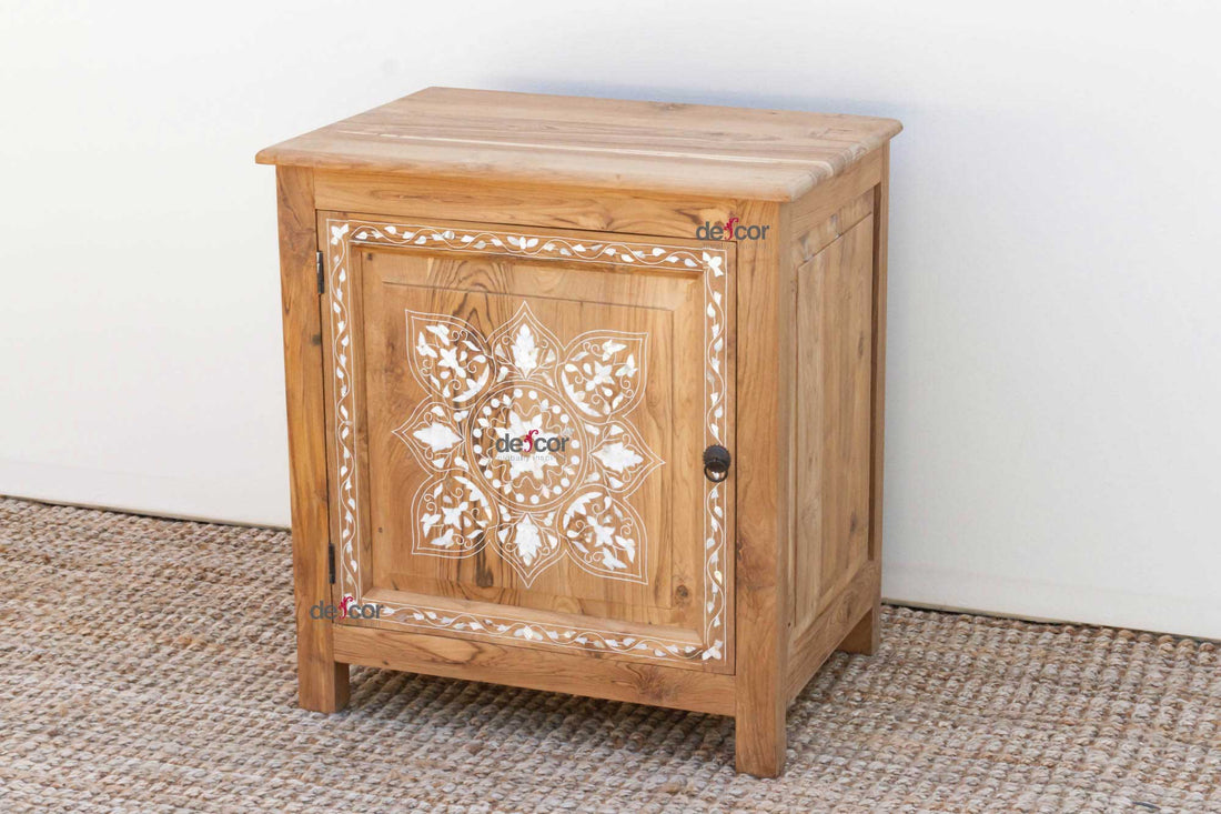 Reclaimed Teak Damascus Inlay Nightstand Cabinet