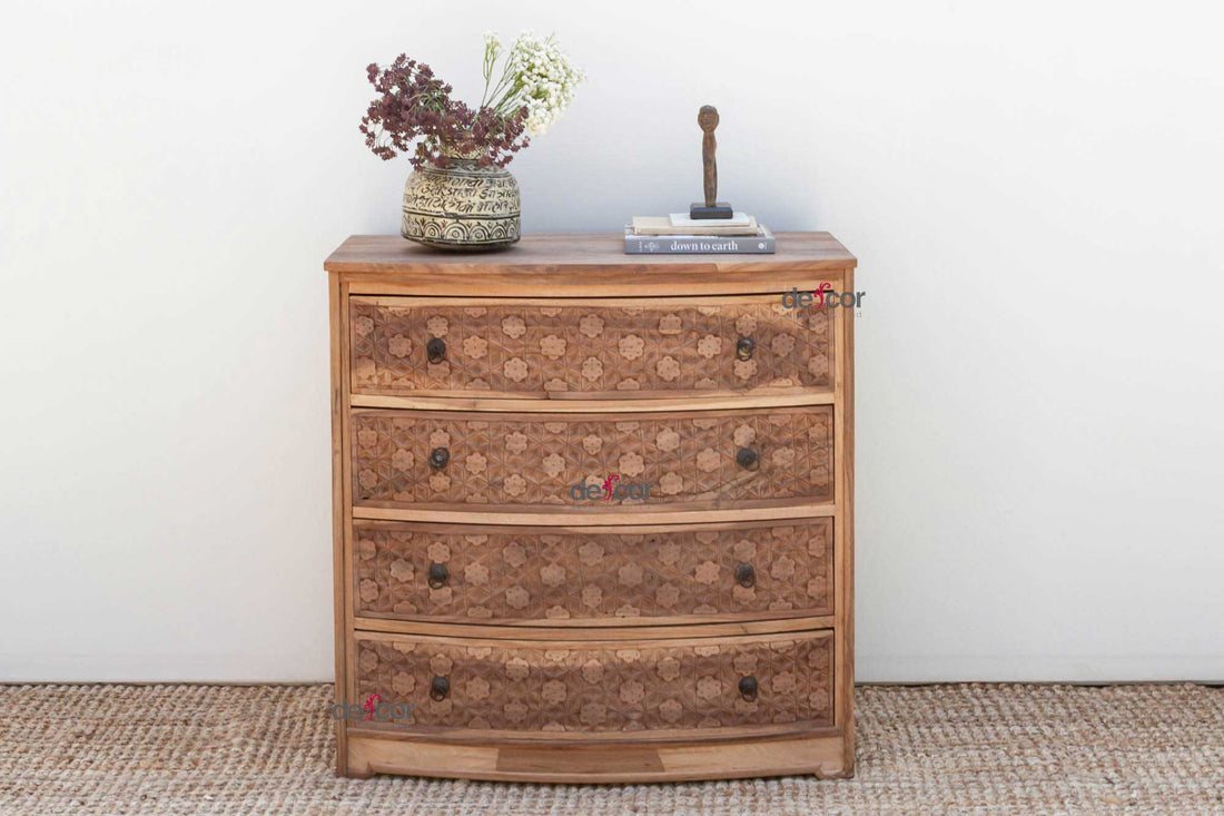 Handsome Reclaimed Teak Carved Bow Dresser