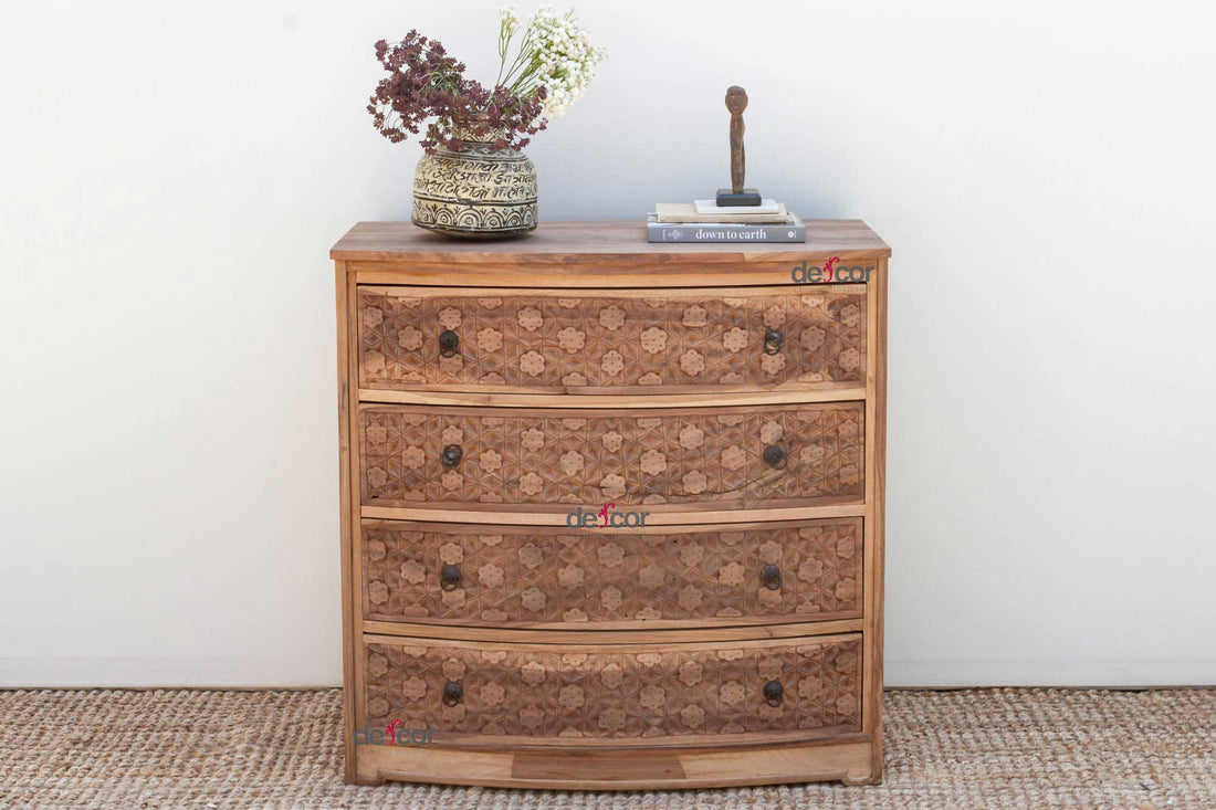 Handsome Reclaimed Teak Carved Bow Dresser