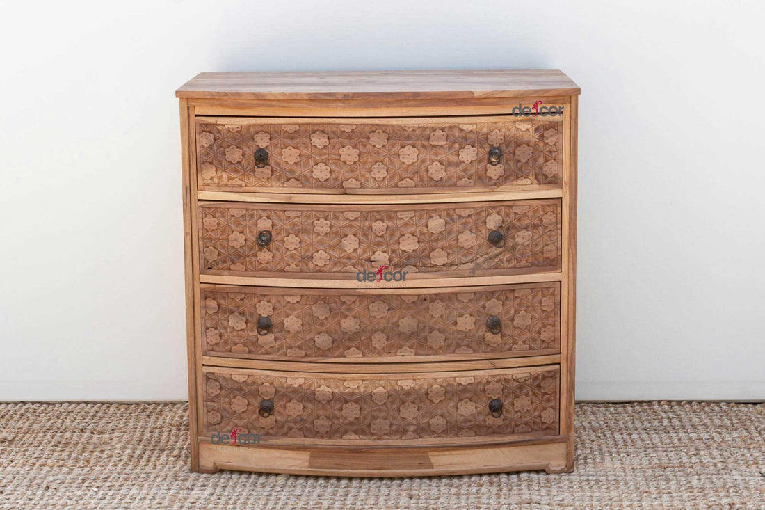 Handsome Reclaimed Teak Carved Bow Dresser