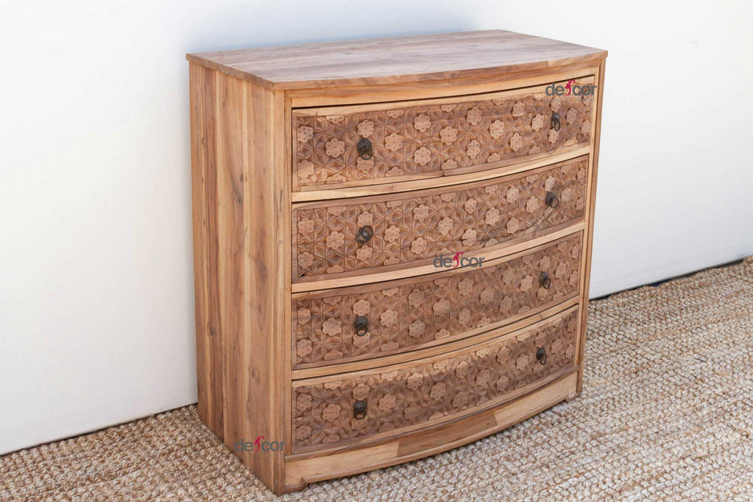 Handsome Reclaimed Teak Carved Bow Dresser