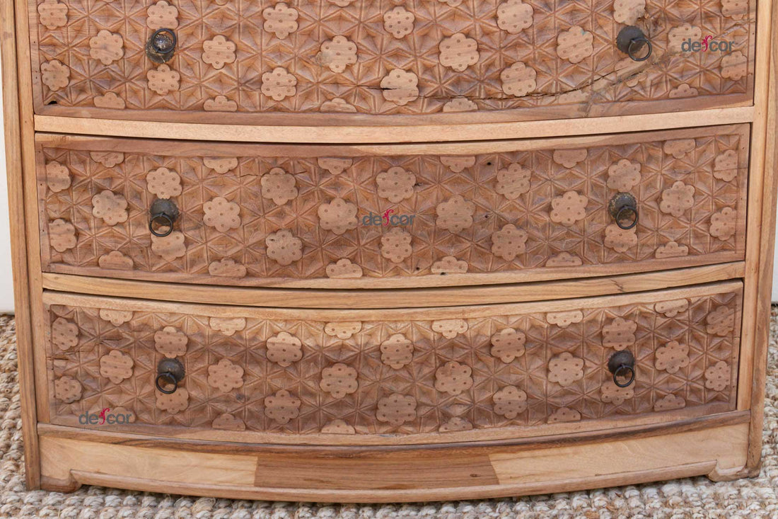 Handsome Reclaimed Teak Carved Bow Dresser