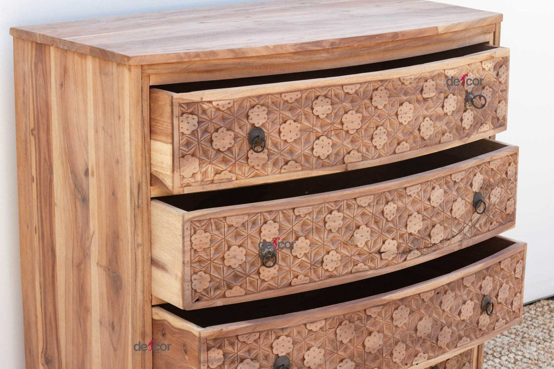 Handsome Reclaimed Teak Carved Bow Dresser