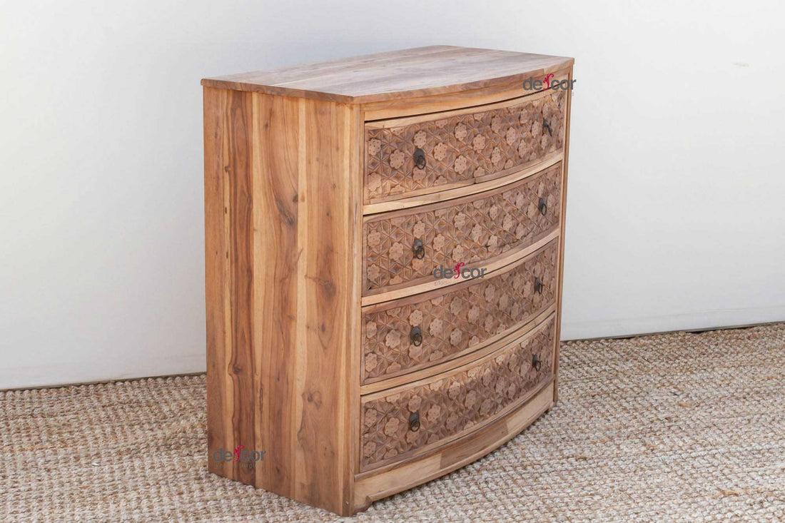 Handsome Reclaimed Teak Carved Bow Dresser