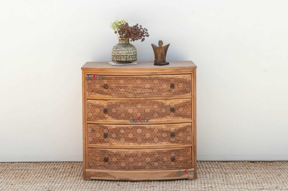 Bow Front Finely Carved Teak Dresser