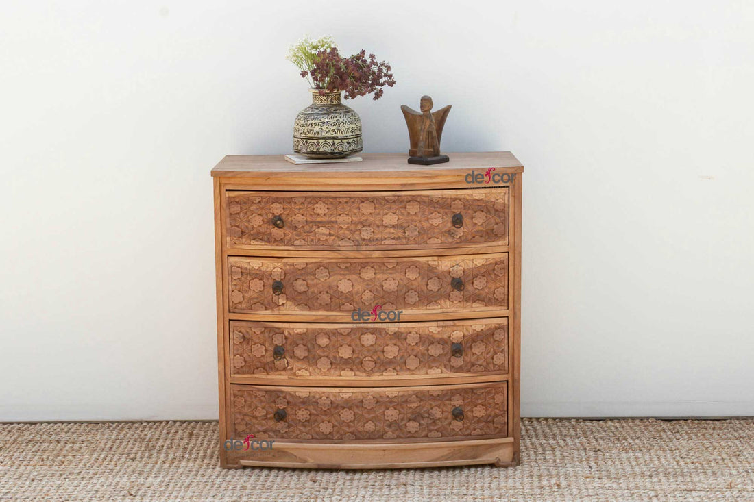 Bow Front Finely Carved Teak Dresser