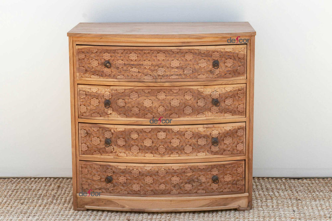 Bow Front Finely Carved Teak Dresser