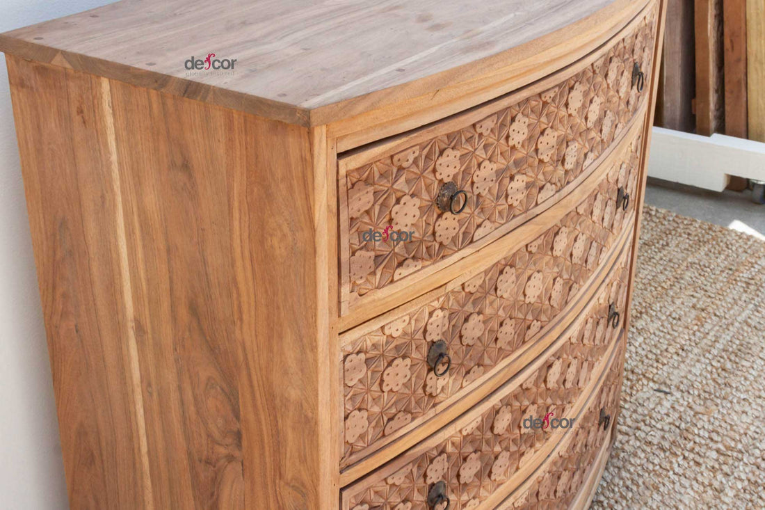 Bow Front Finely Carved Teak Dresser