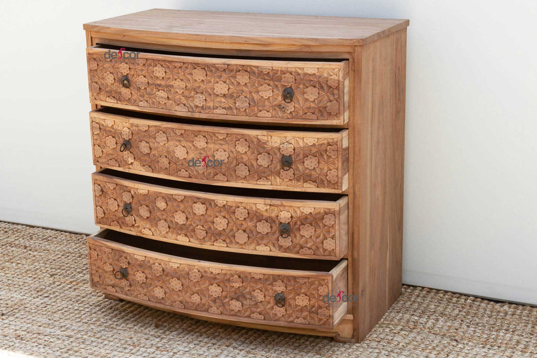 Bow Front Finely Carved Teak Dresser