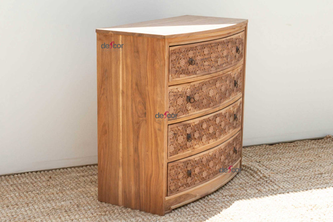 Bow Front Finely Carved Teak Dresser