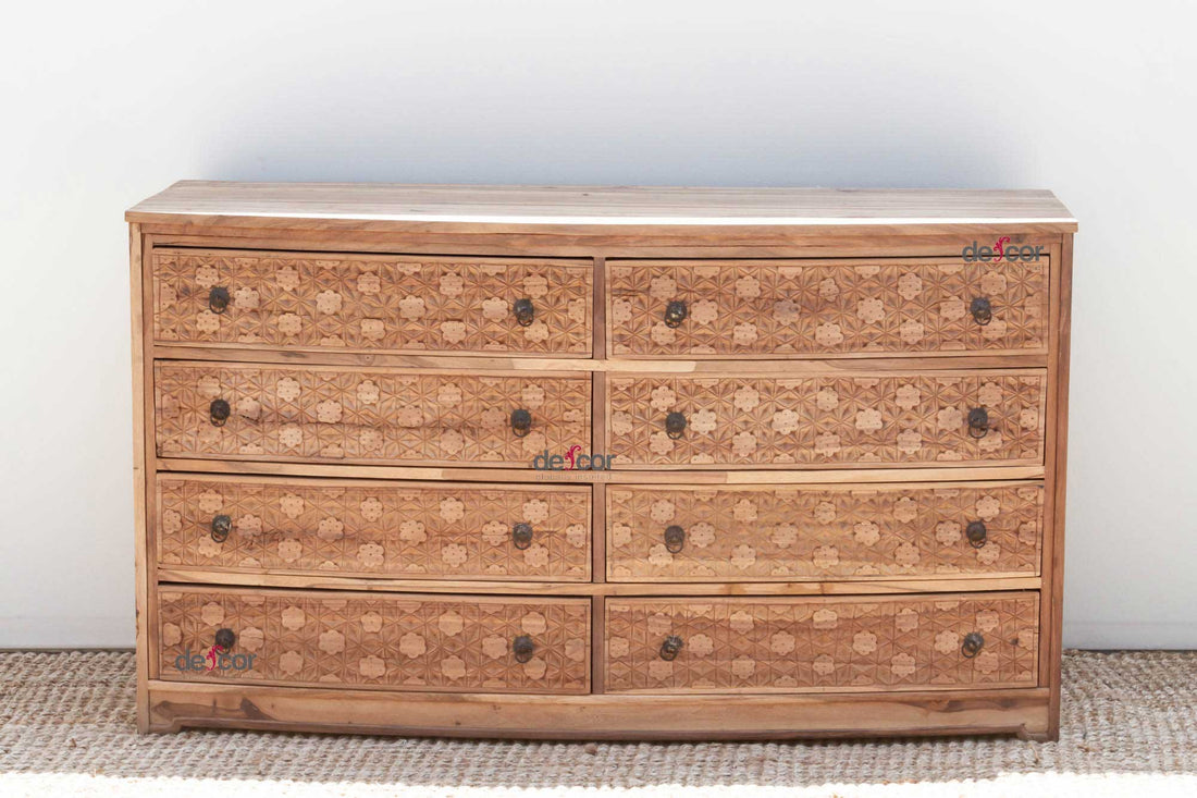Long Reclaimed Teak Carved 8-Drawer Dresser