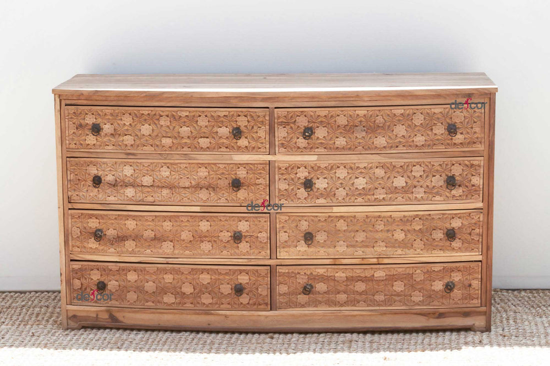 Long Reclaimed Teak Carved 8-Drawer Dresser