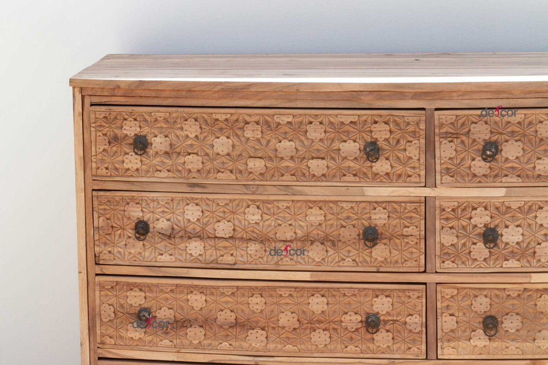 Long Reclaimed Teak Carved 8-Drawer Dresser