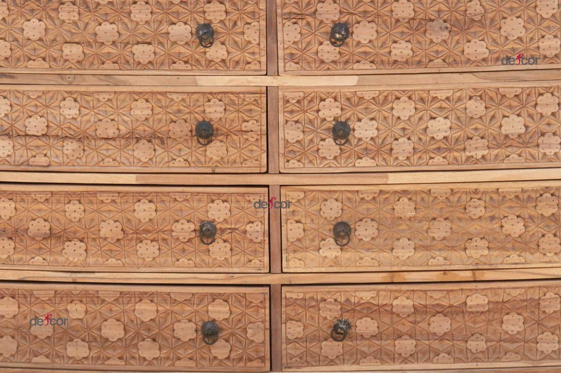 Long Reclaimed Teak Carved 8-Drawer Dresser