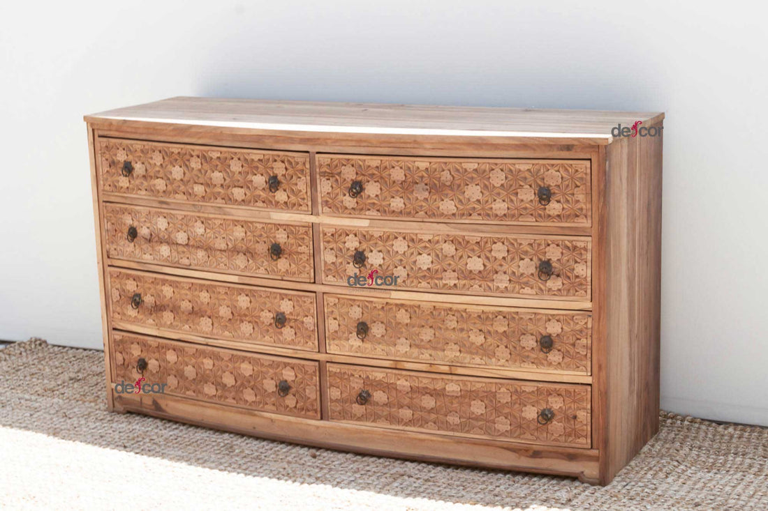 Long Reclaimed Teak Carved 8-Drawer Dresser