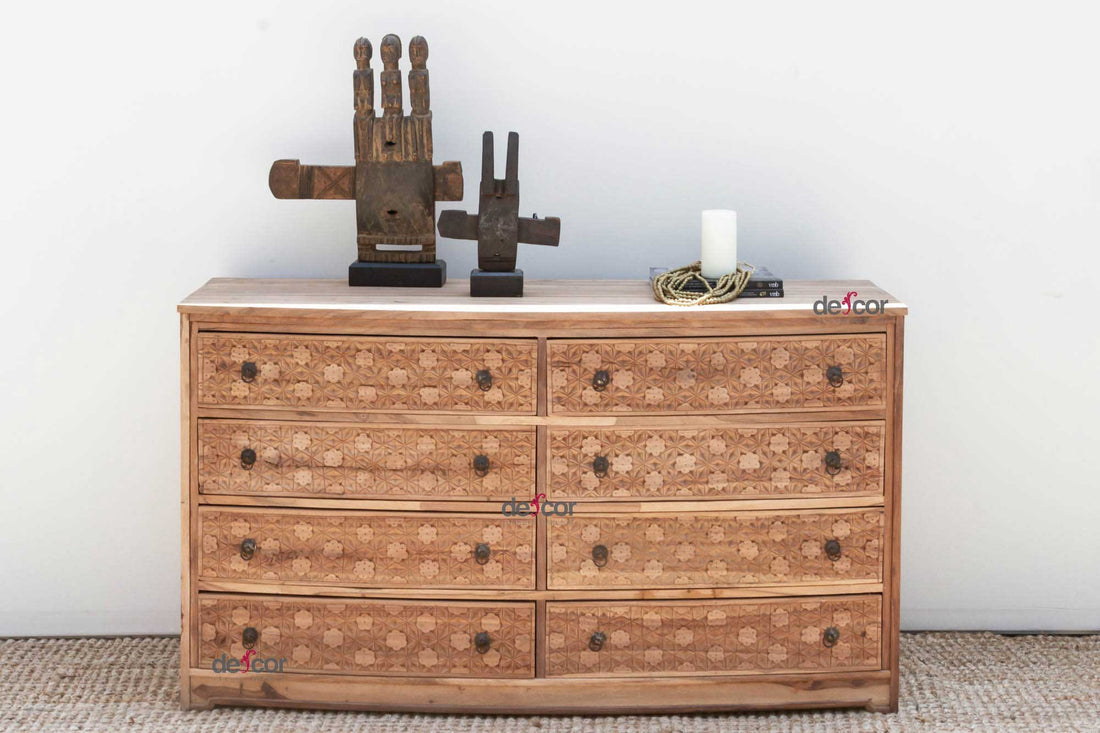 Long Reclaimed Teak Carved 8-Drawer Dresser