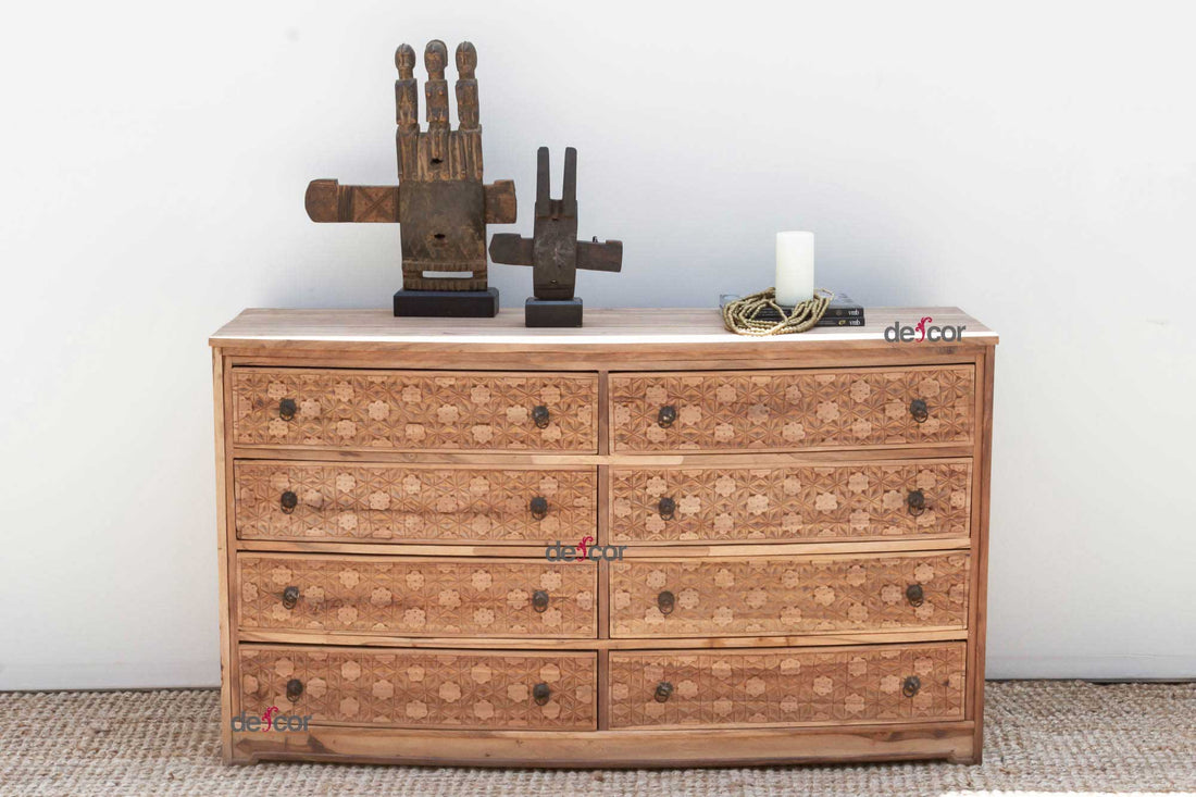 Long Reclaimed Teak Carved 8-Drawer Dresser
