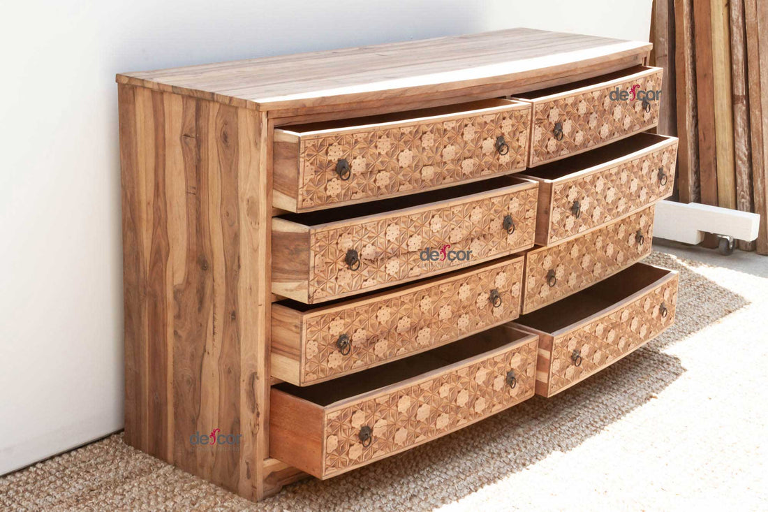 Long Reclaimed Teak Carved 8-Drawer Dresser