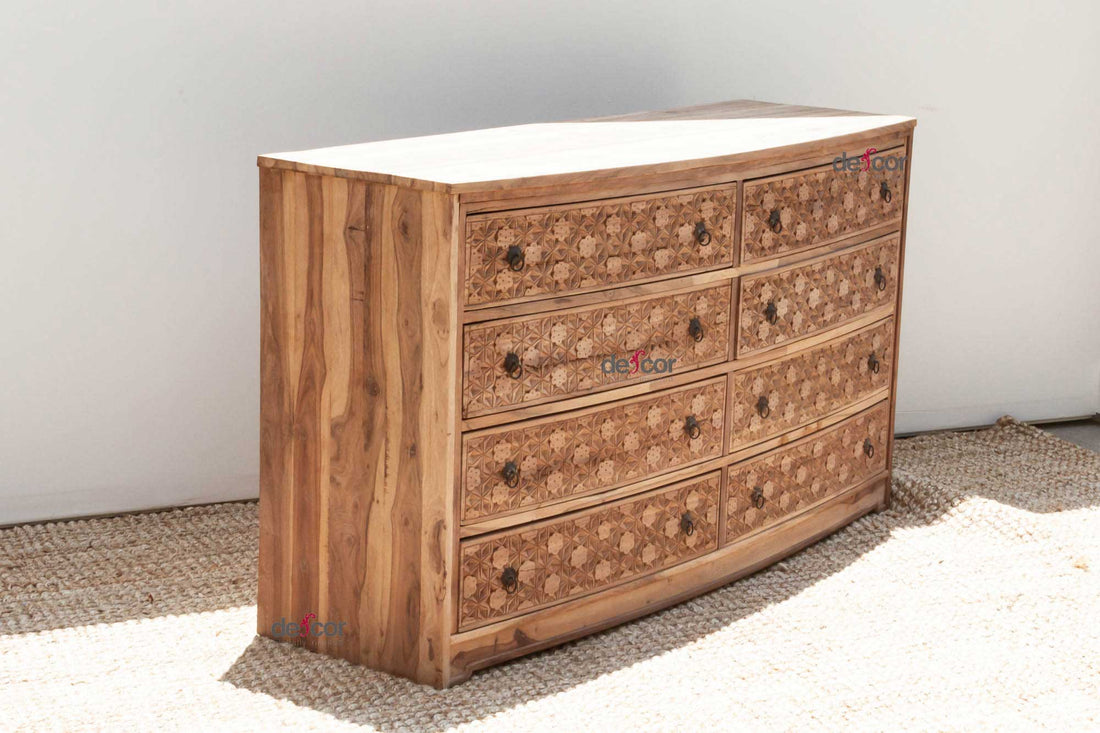 Long Reclaimed Teak Carved 8-Drawer Dresser