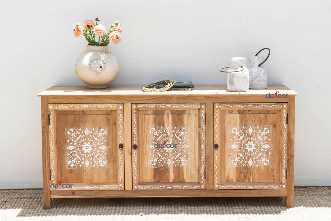 Bleached Teak Damascus Mother of Pearl Credenza