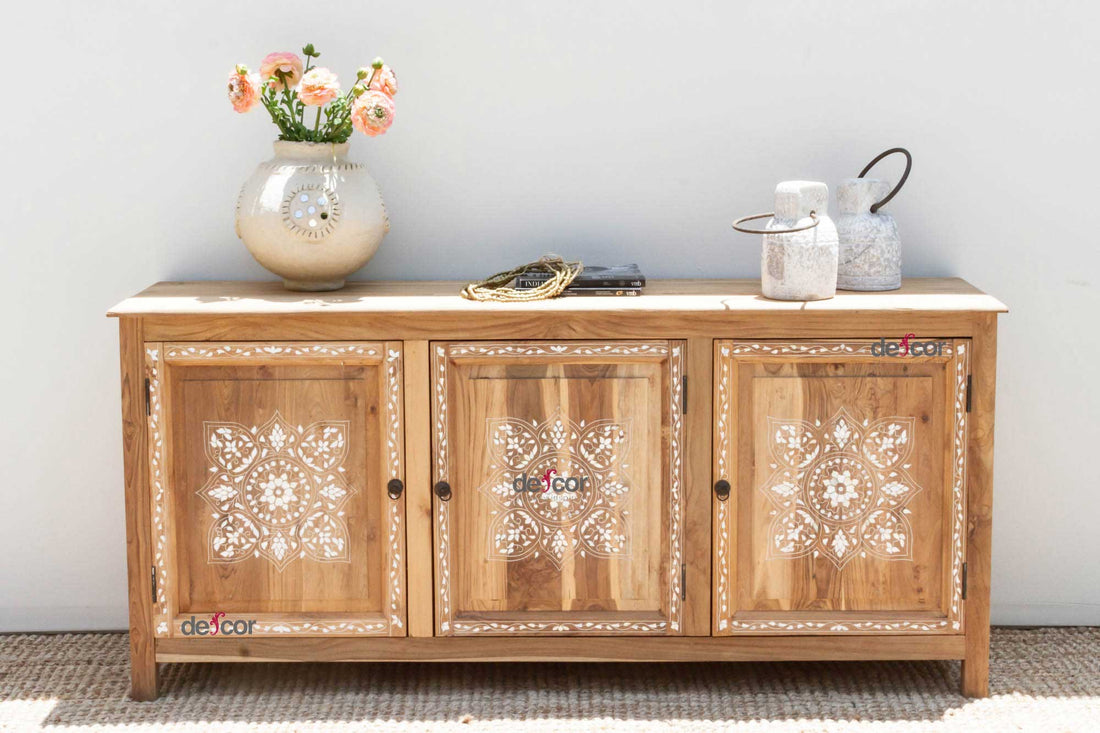 Bleached Teak Damascus Mother of Pearl Credenza