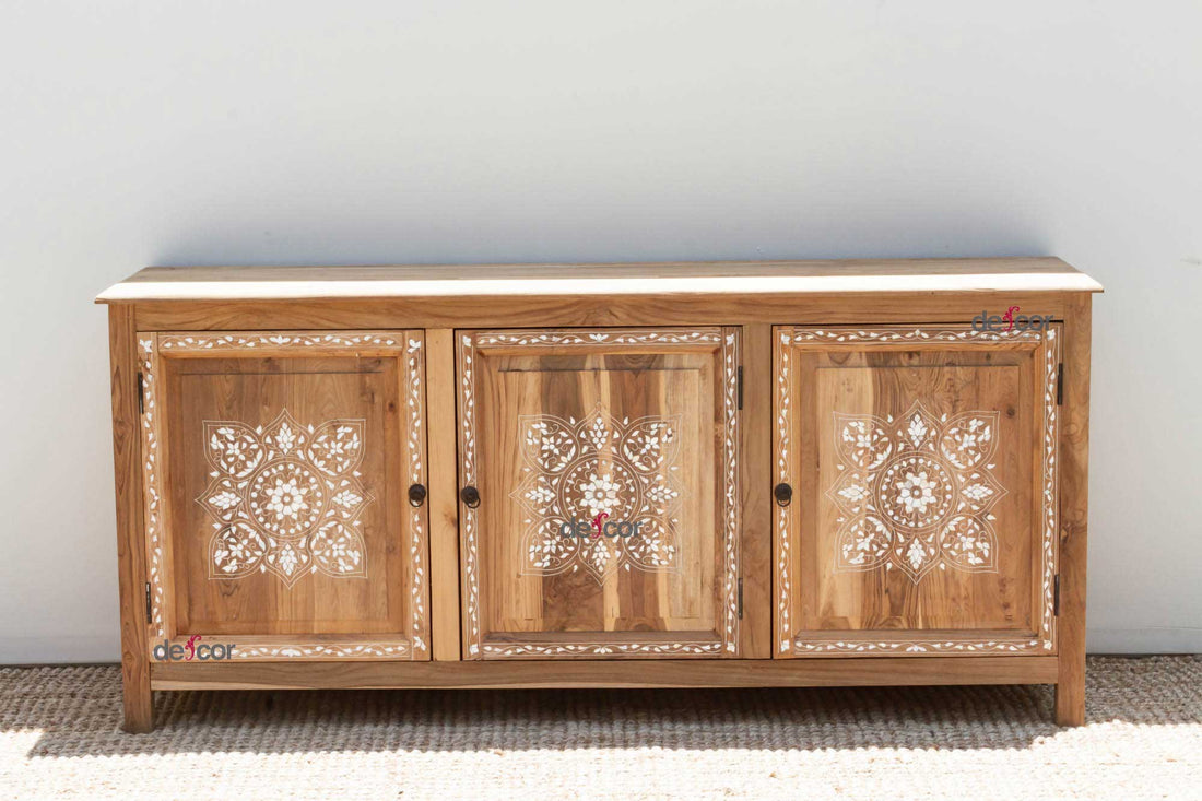 Bleached Teak Damascus Mother of Pearl Credenza