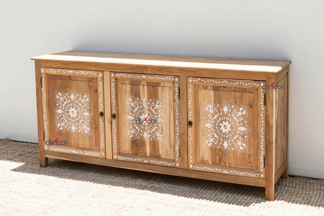 Bleached Teak Damascus Mother of Pearl Credenza
