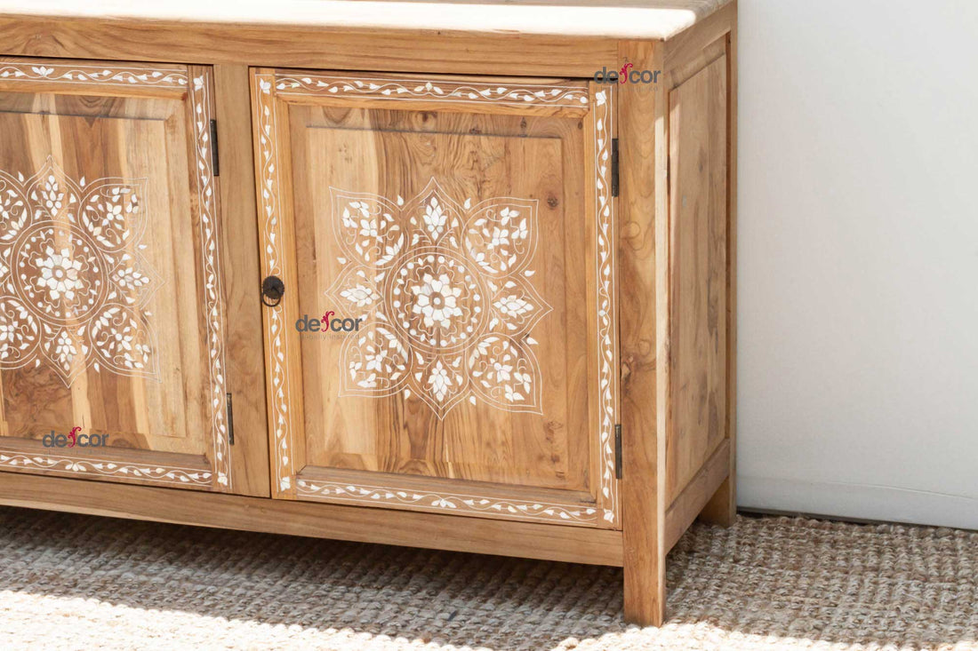 Bleached Teak Damascus Mother of Pearl Credenza