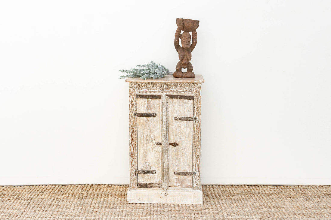 Primitive Teak & Metal Carved Cabinet