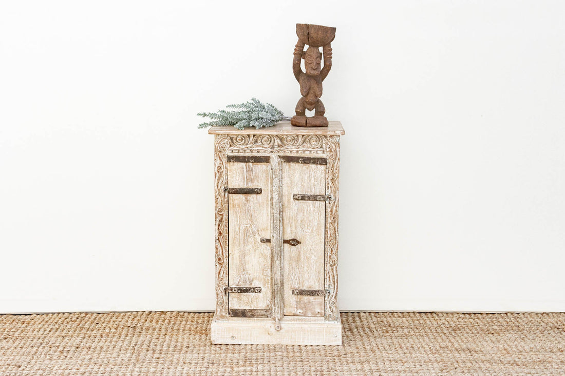 Primitive Teak & Metal Carved Cabinet