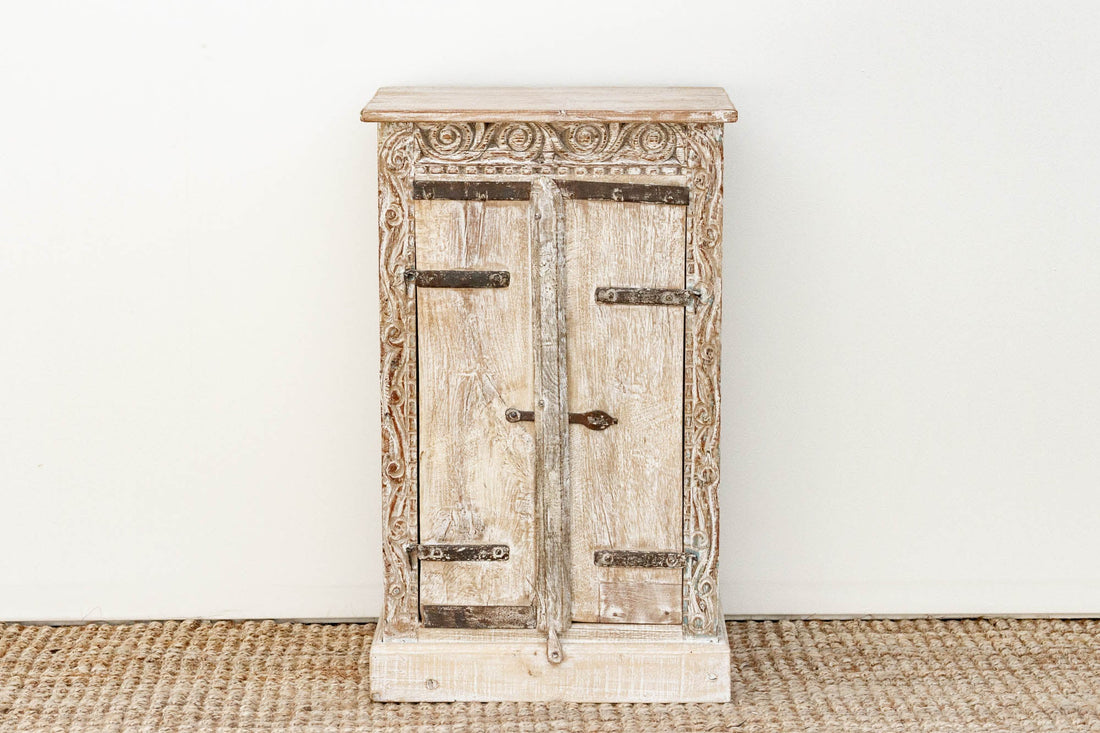 Primitive Teak & Metal Carved Cabinet