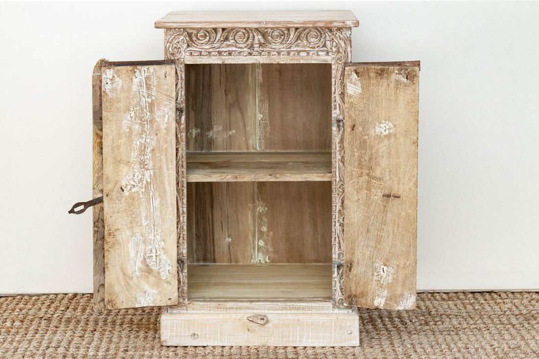 Primitive Teak & Metal Carved Cabinet