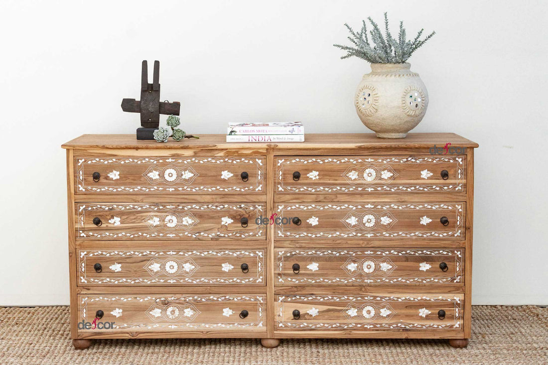 Long Bleached Teak Damascus Inlay Dresser