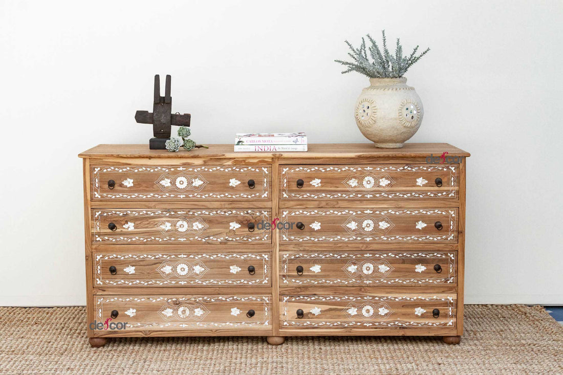 Long Bleached Teak Damascus Inlay Dresser
