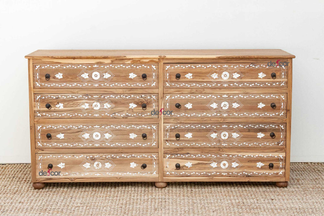 Long Bleached Teak Damascus Inlay Dresser