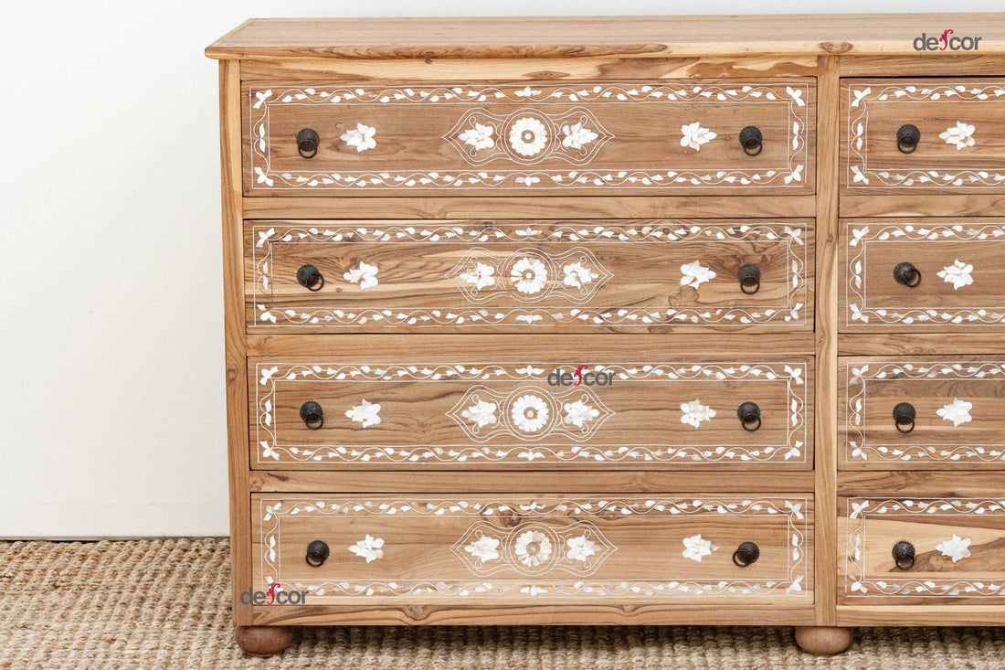 Long Bleached Teak Damascus Inlay Dresser