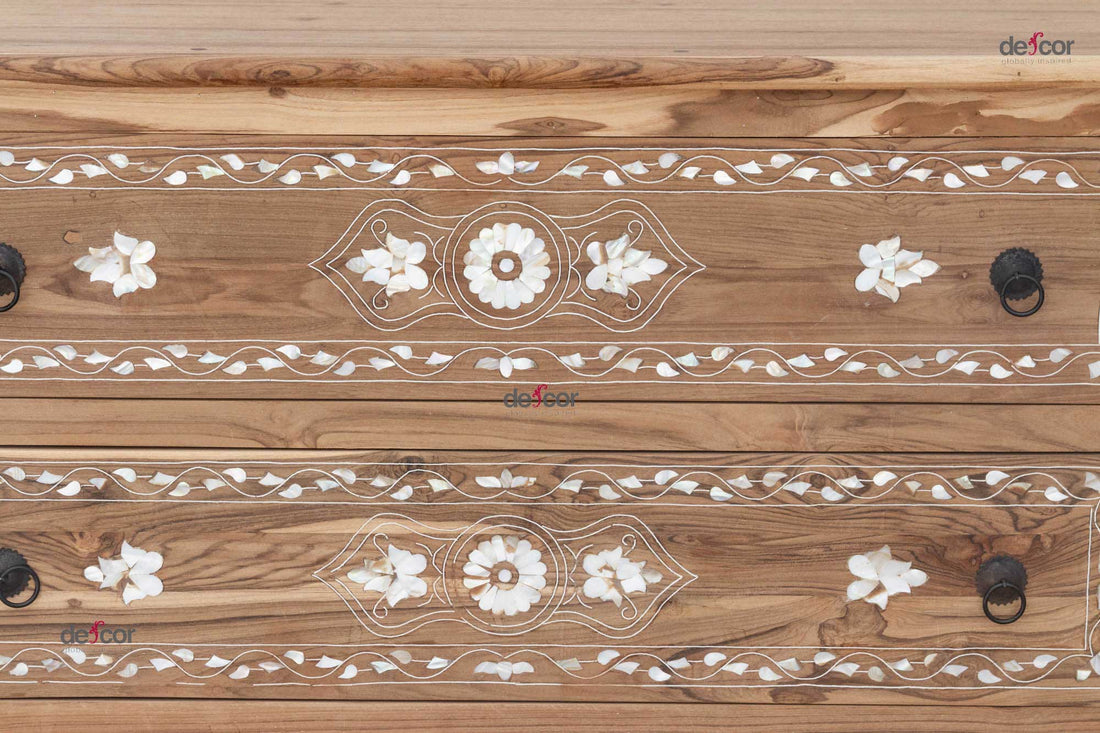 Long Bleached Teak Damascus Inlay Dresser