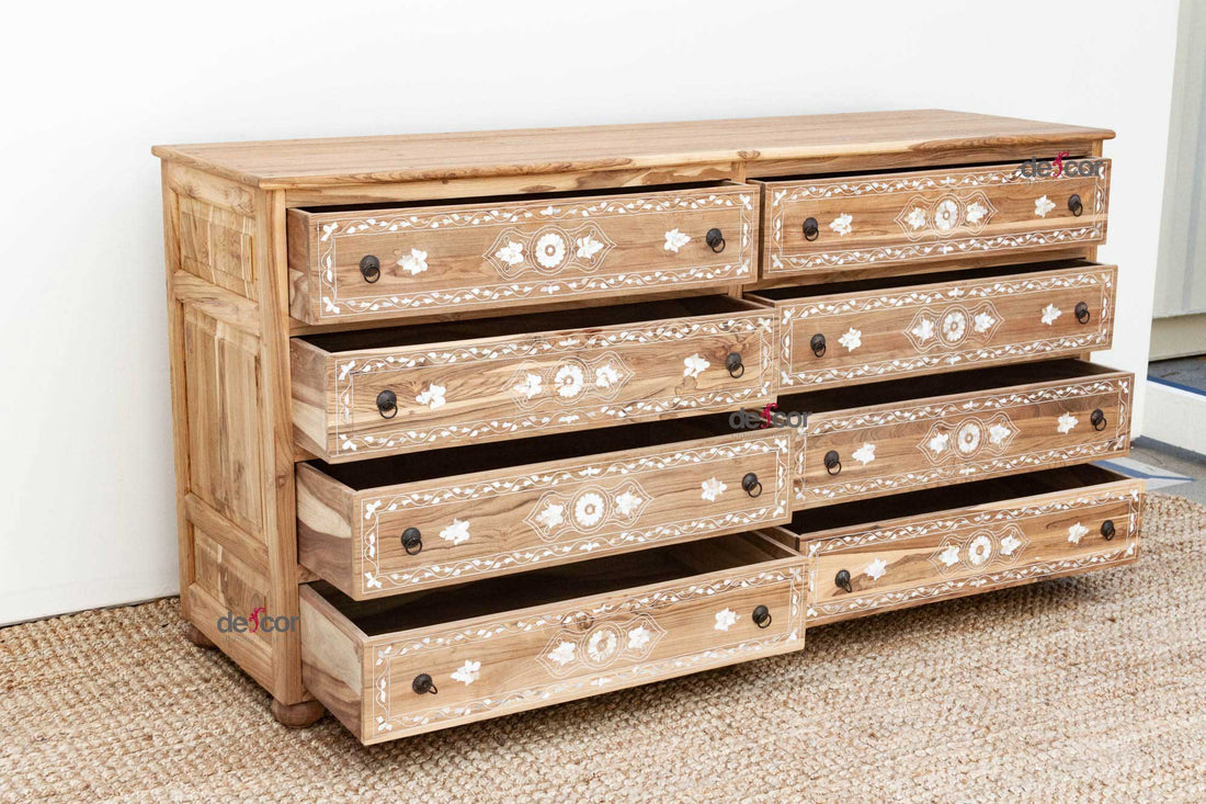 Long Bleached Teak Damascus Inlay Dresser