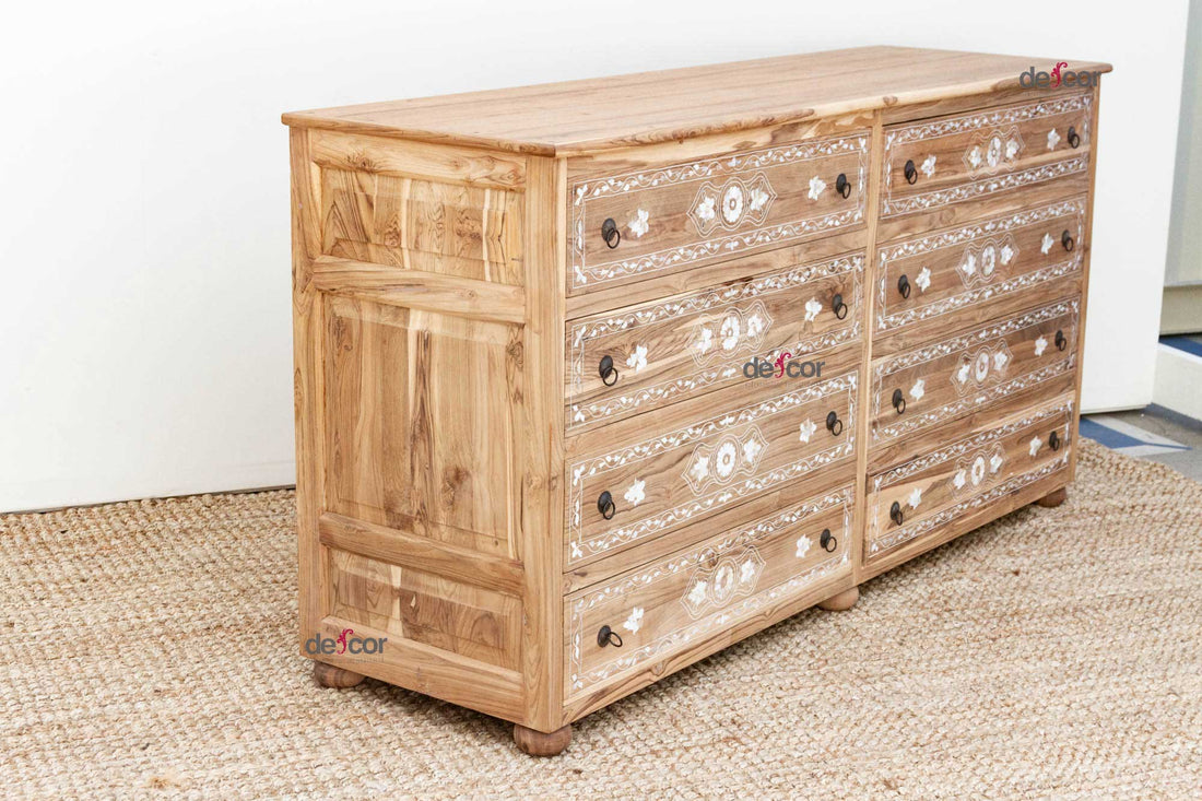 Long Bleached Teak Damascus Inlay Dresser